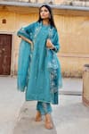 Green Kurta And Pant Chanderi Embroidered Mirror Round Pintucked Set