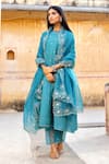 Green Kurta And Pant Chanderi Embroidered Mirror Round Pintucked Set