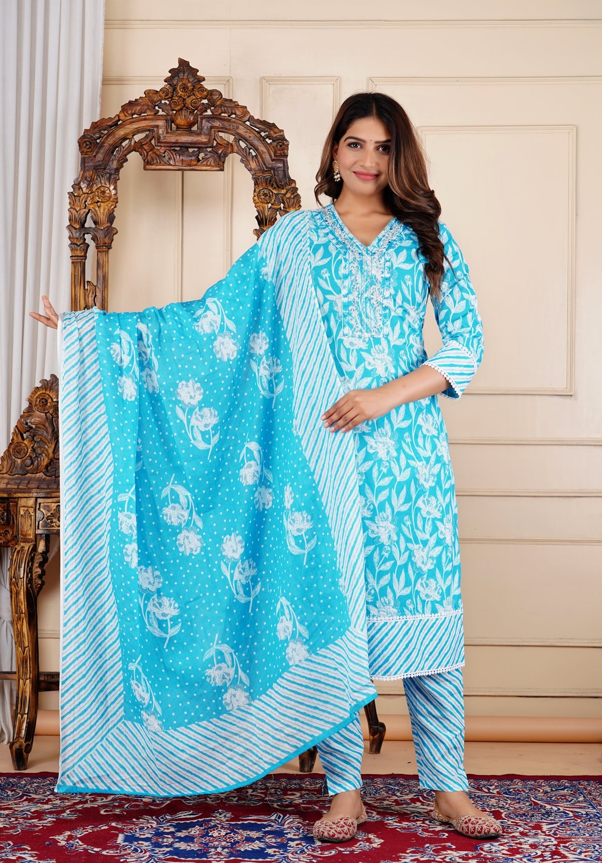 Floral Print 3/4 Sleeve Blue Color Pure Cotton Kurti