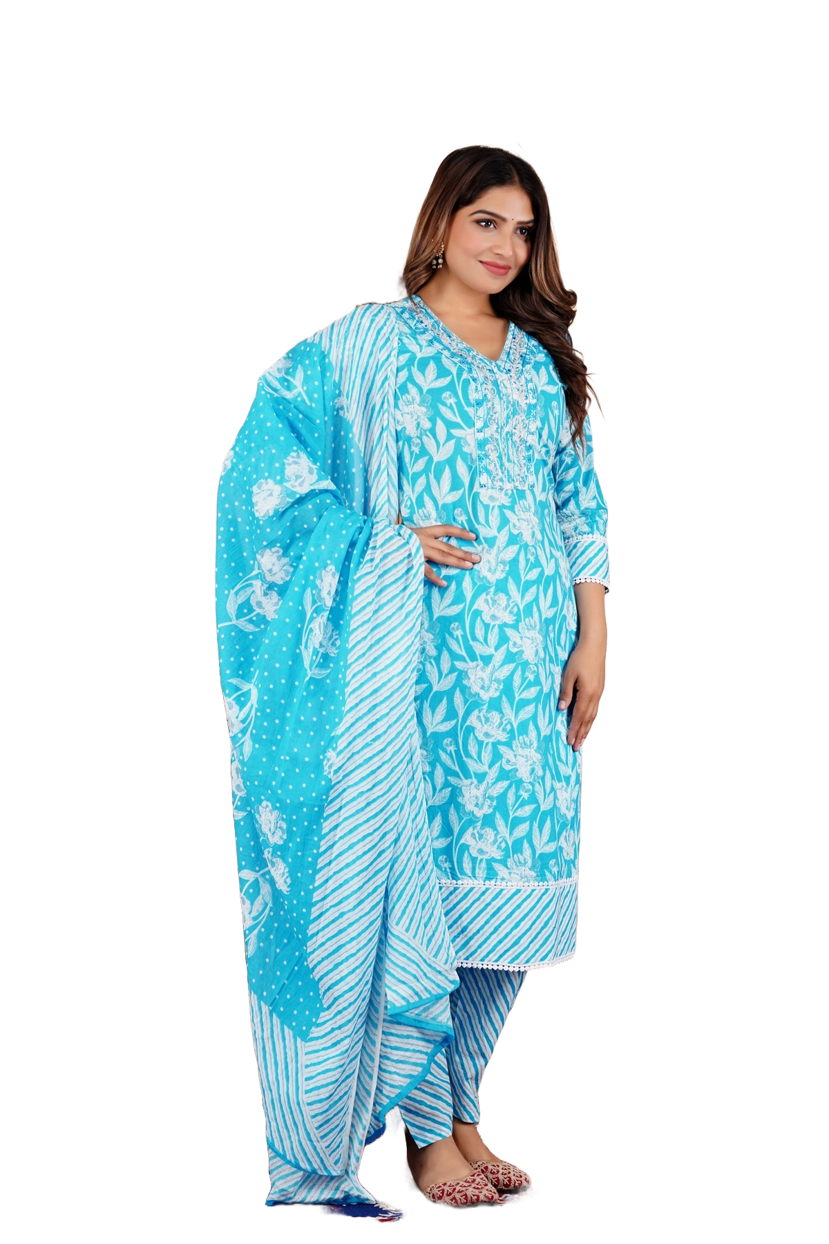 Floral Print 3/4 Sleeve Blue Color Pure Cotton Kurti