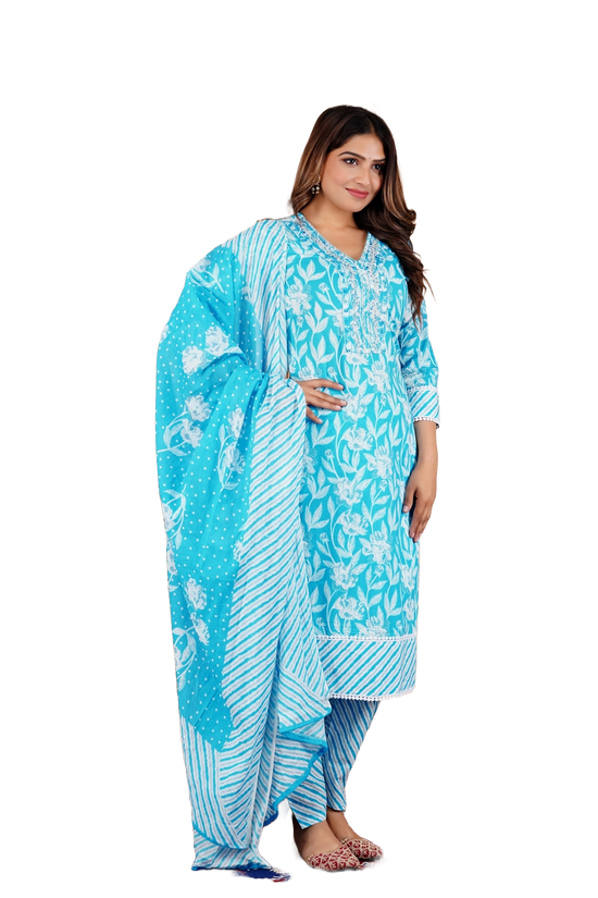 Floral Print 3/4 Sleeve Blue Color Pure Cotton Kurti