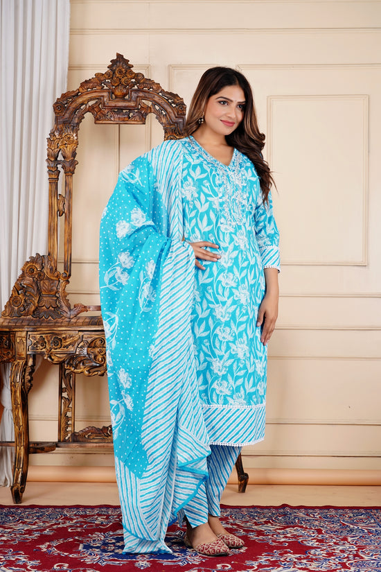 Floral Print 3/4 Sleeve Blue Color Pure Cotton Kurti