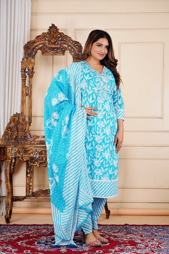 Floral Print 3/4 Sleeve Blue Color Pure Cotton Kurti Matching Dupatta