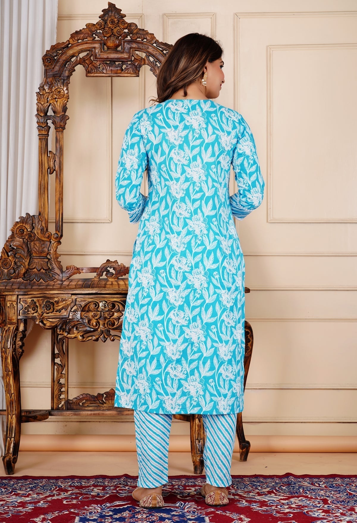 Floral Print 3/4 Sleeve Blue Color Pure Cotton Kurti Matching Dupatta