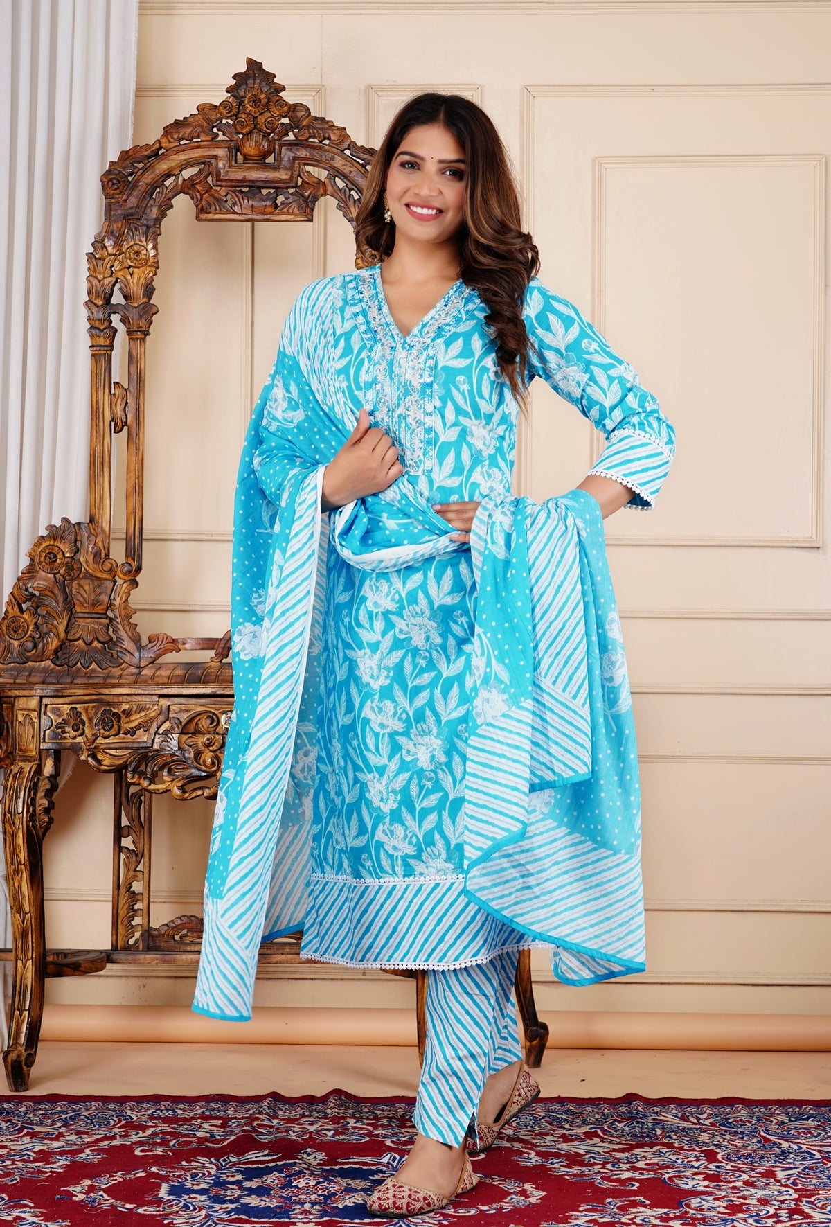 Floral Print 3/4 Sleeve Blue Color Pure Cotton Kurti