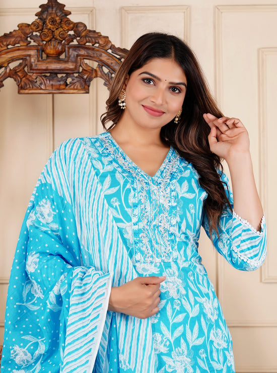 Floral Print 3/4 Sleeve Blue Color Pure Cotton Kurti