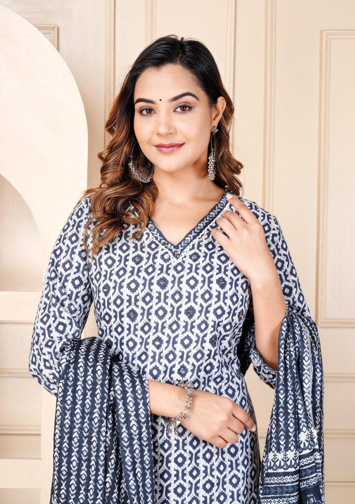 Floral Print 3/4 Sleeve Blue Color Pure Cotton Kurti