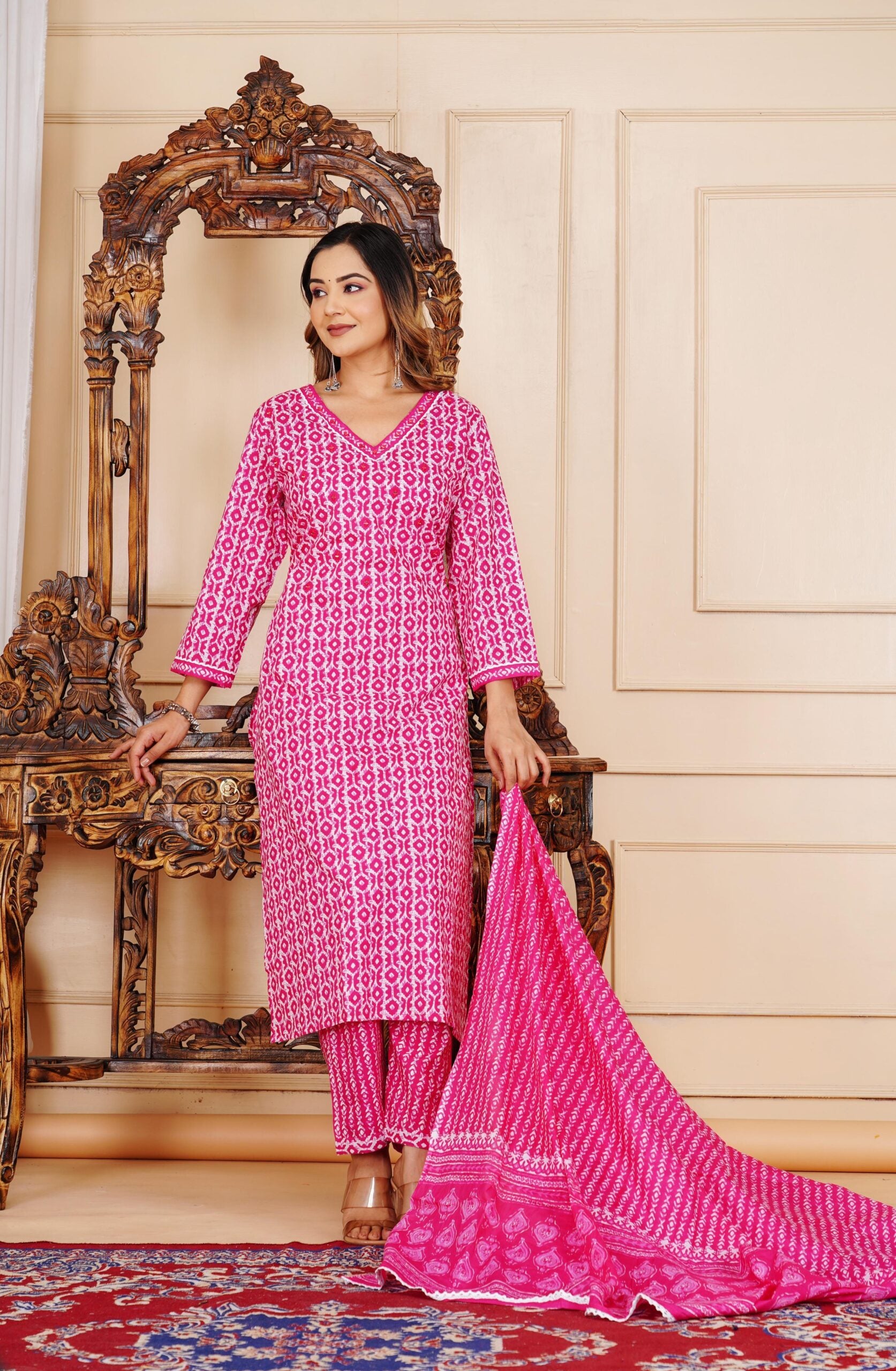 Floral Print 3/4 Sleeve Pink Color Pure Cotton Kurti