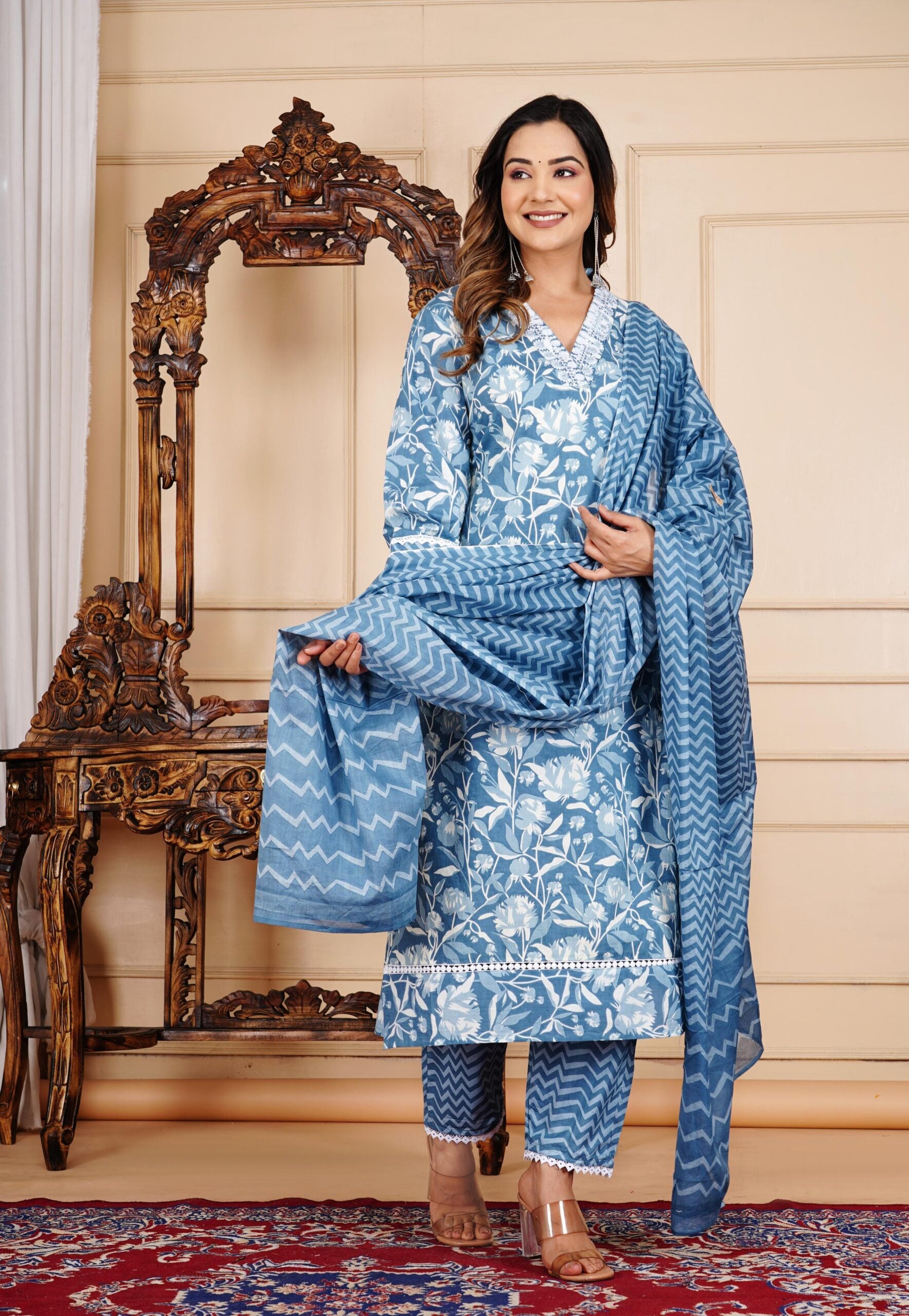 Floral Print 3/4 Sleeve Blue Color Pure Cotton Kurti