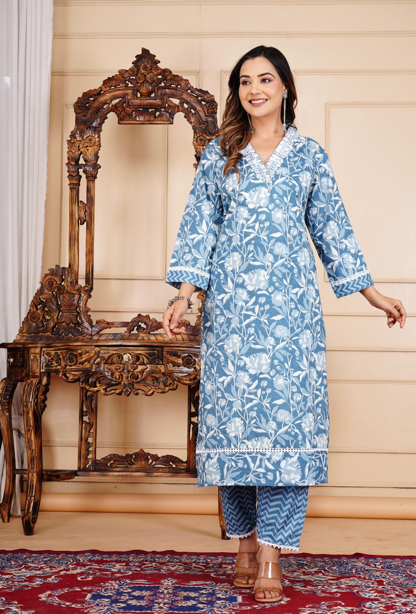 Floral Print 3/4 Sleeve Blue Color Pure Cotton Kurti