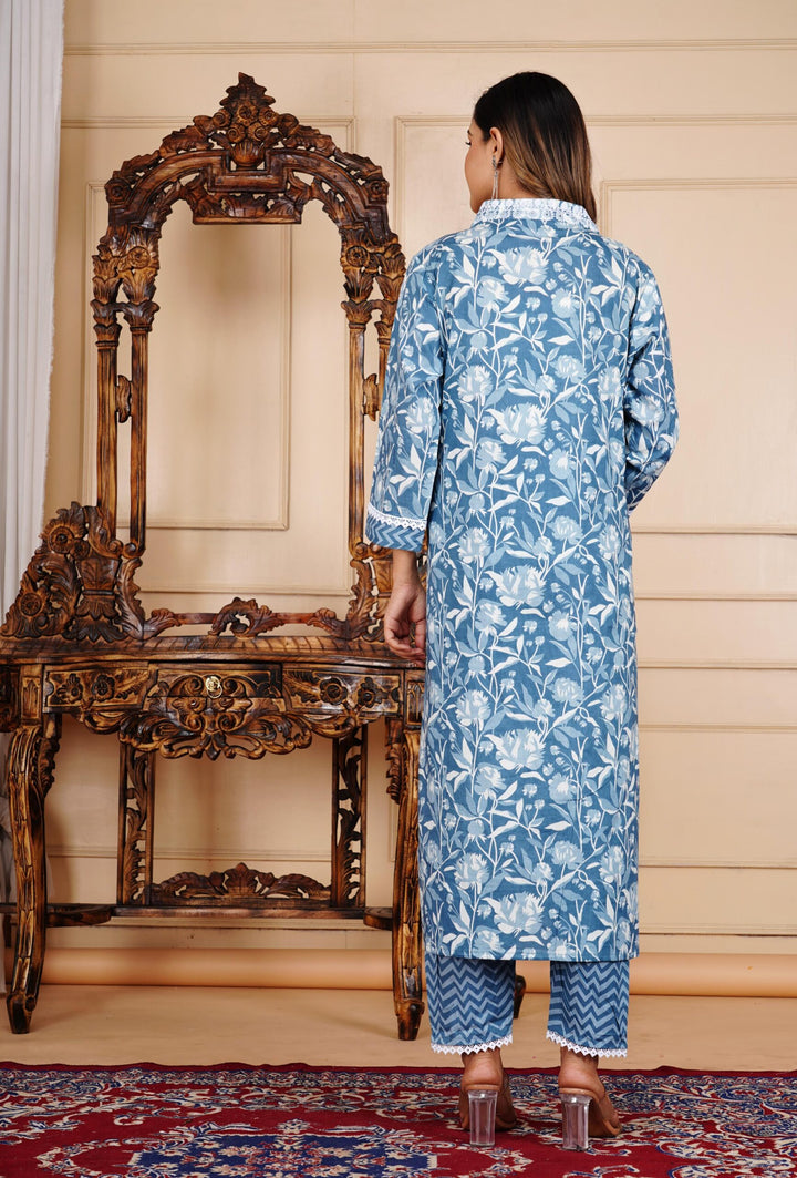 Floral Print 3/4 Sleeve Blue Color Pure Cotton Kurti