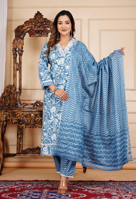 Floral Print 3/4 Sleeve Blue Color Pure Cotton Kurti