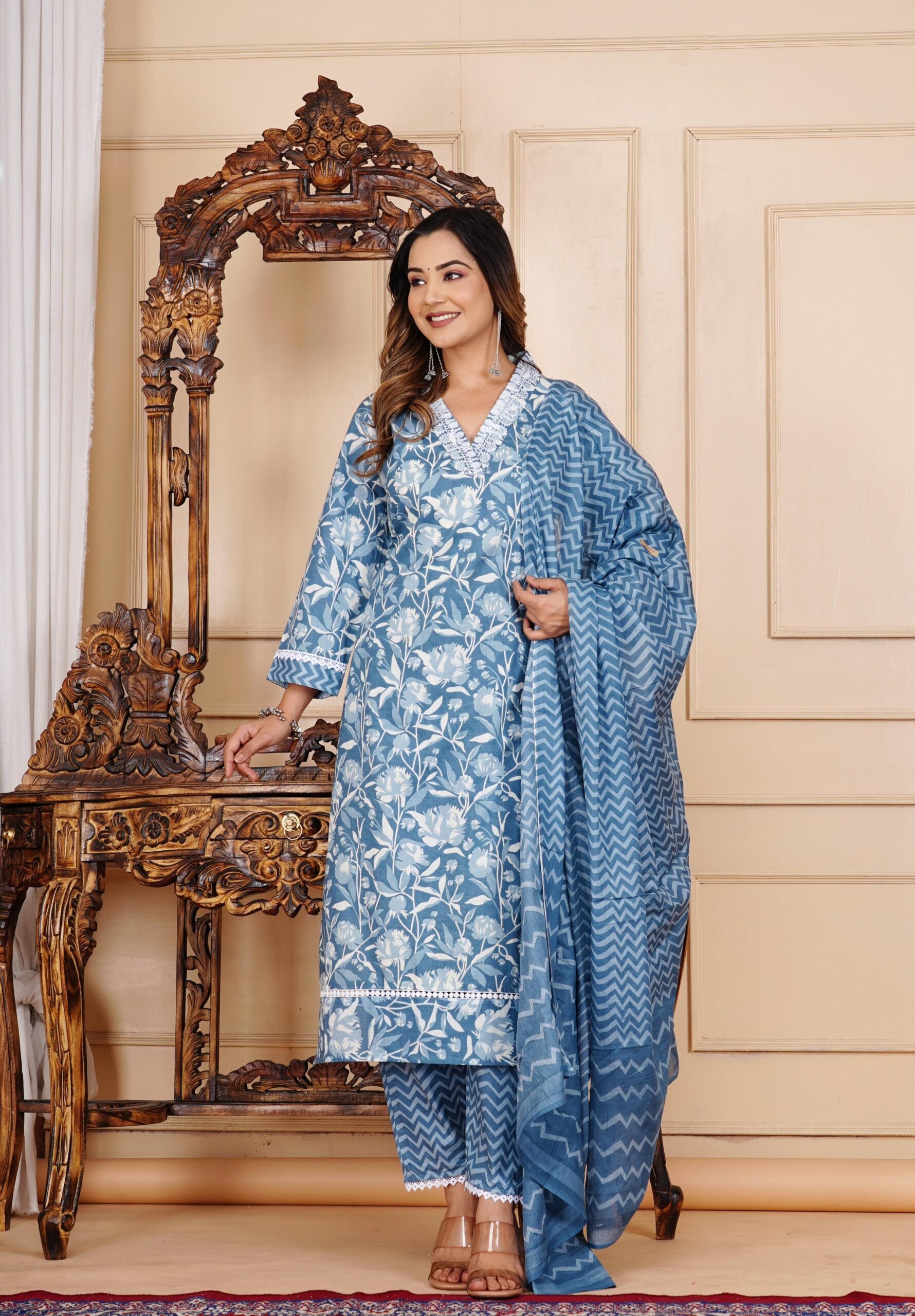 Floral Print 3/4 Sleeve Blue Color Pure Cotton Kurti