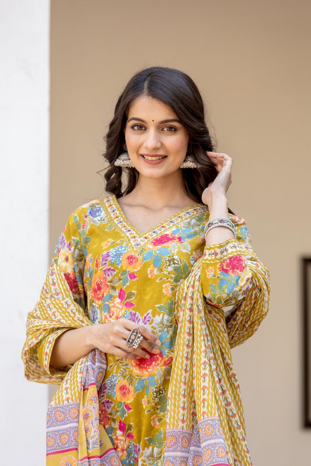 Floral Print 3/4 Sleeve Orange Color Pure Cotton Kurti