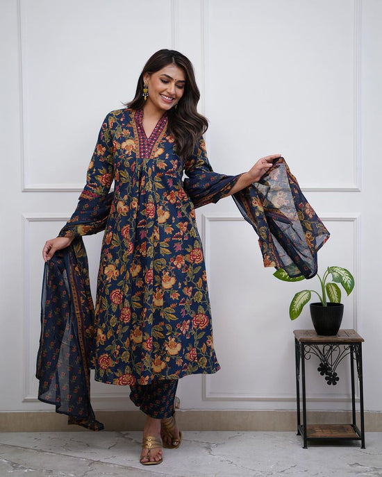 Nermosa Women's Printed A-Line Kurta and Pant Set with Dupatta