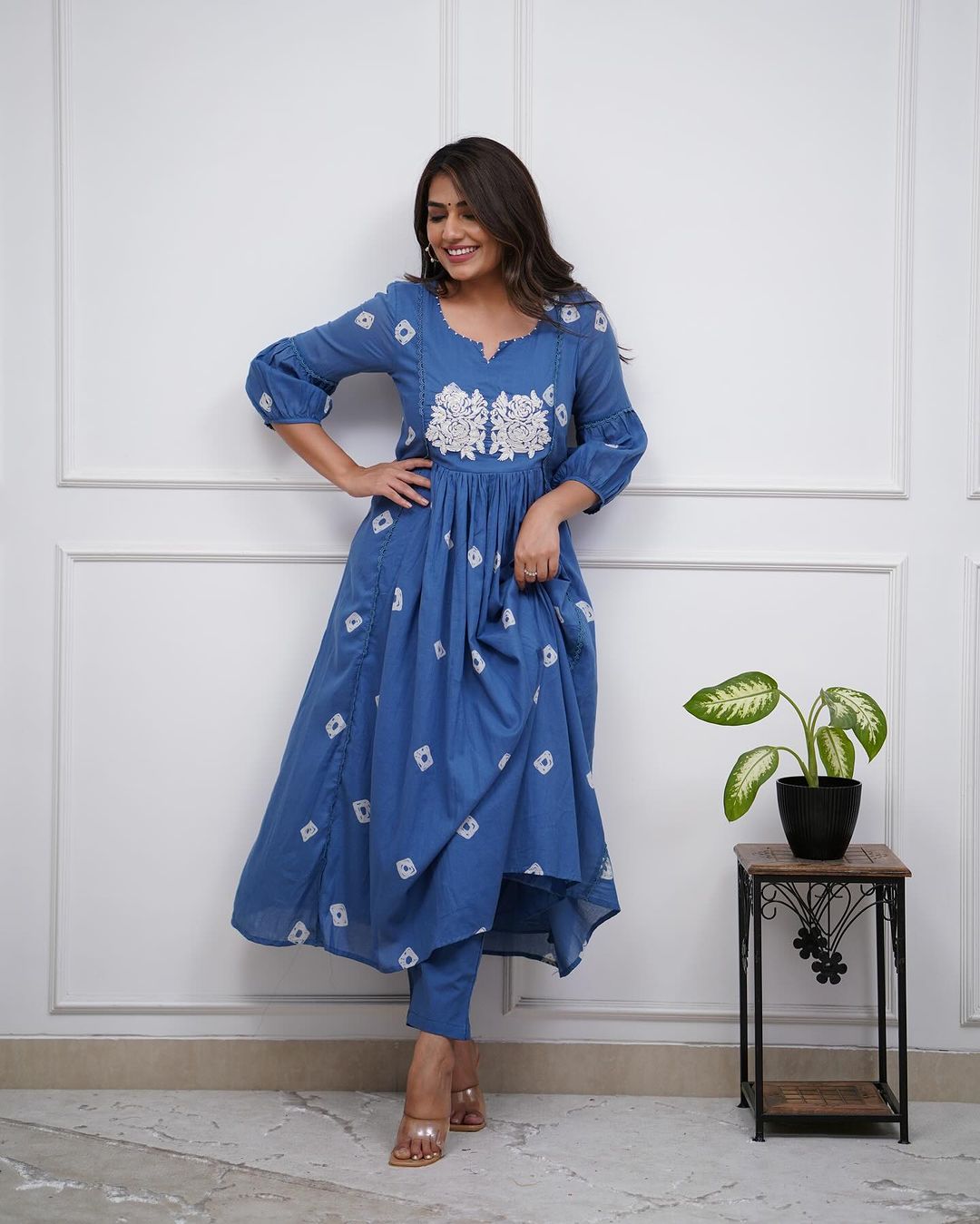 Blue Cotton Flared Women Suit