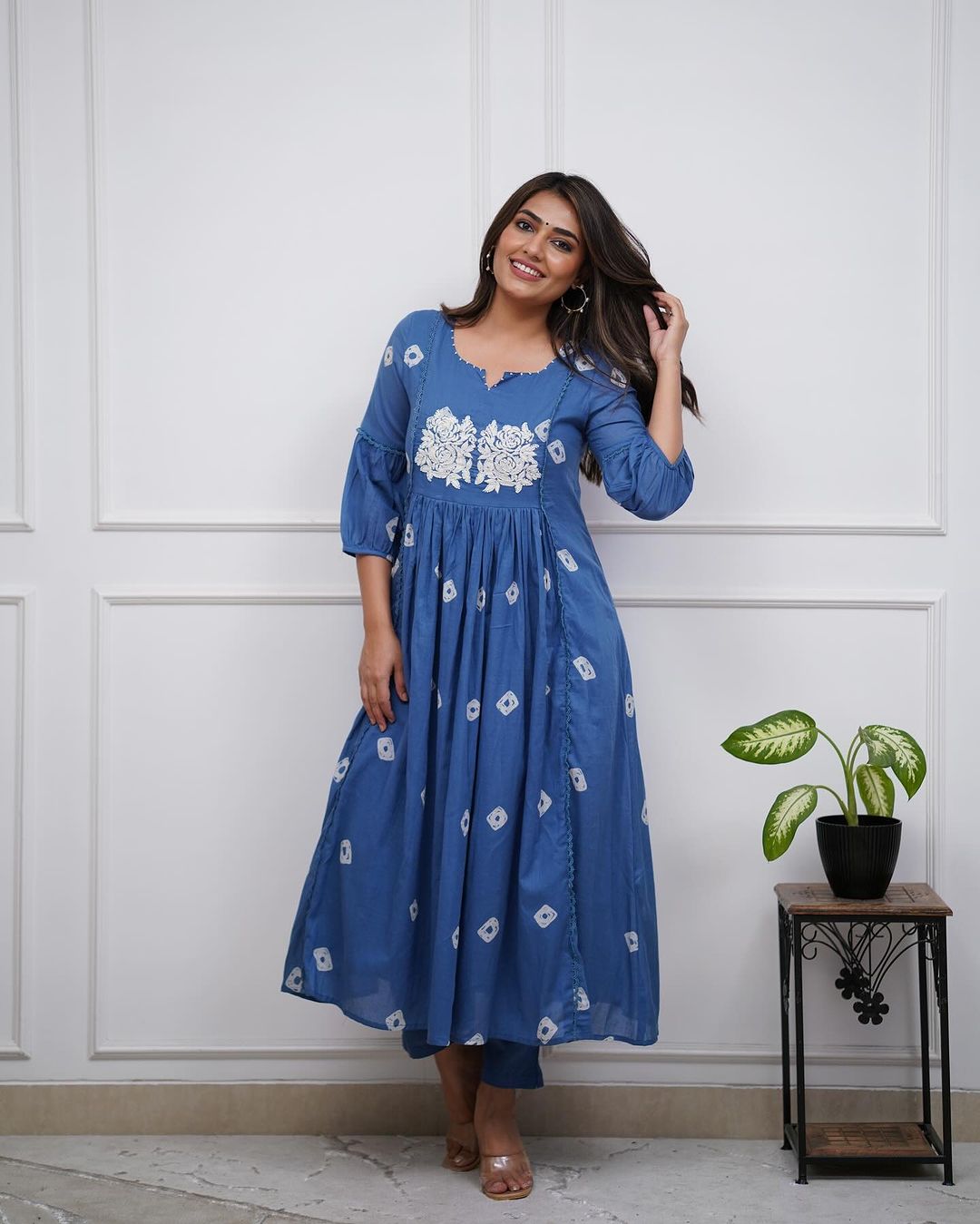 Blue Cotton Flared Women Suit