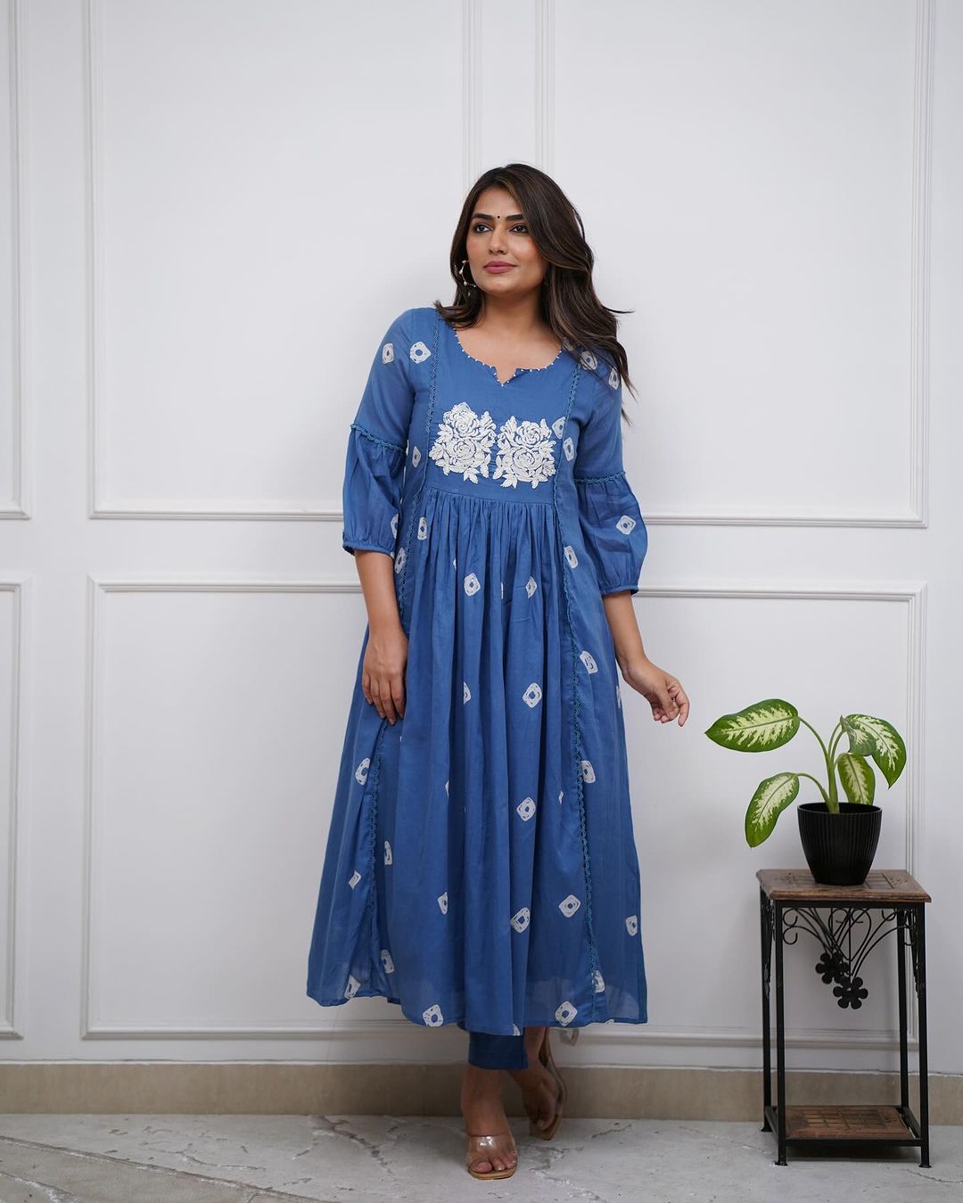 Blue Cotton Flared Women Suit