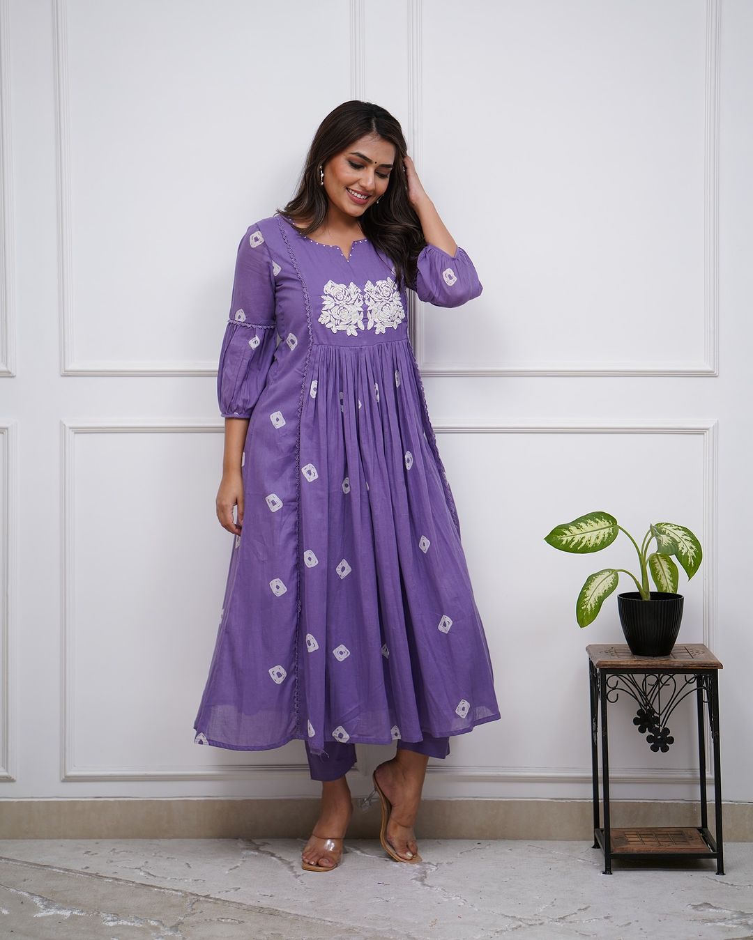 Purple Cotton Flared Women Suit