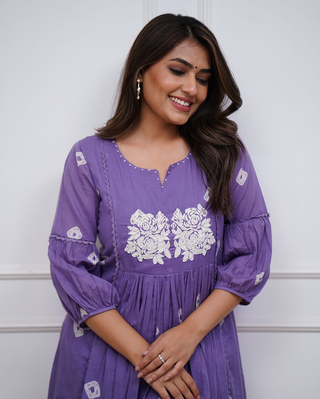 Purple Cotton Flared Women Suit