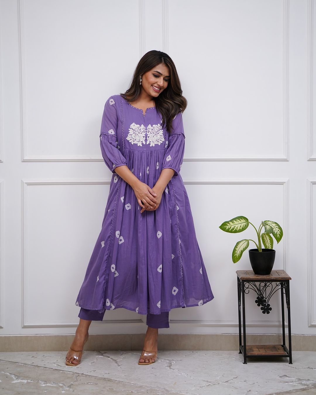 Purple Cotton Flared Women Suit