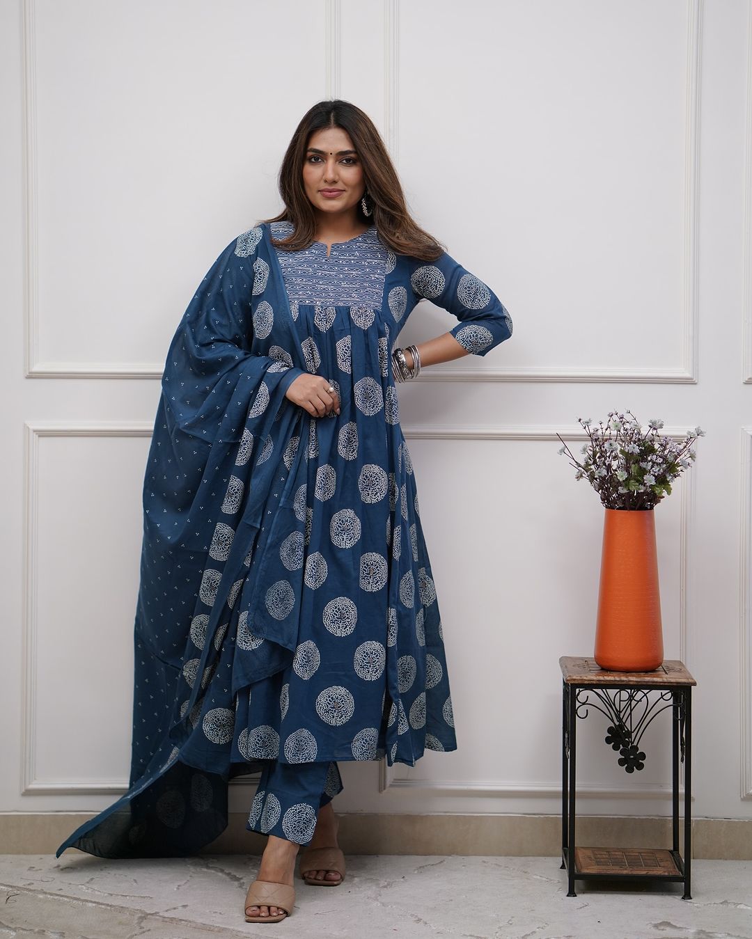 Cyan Blue Long Flared Bandhani Printed Kurta Pant & Dupatta Set