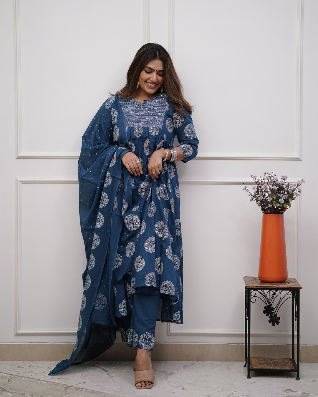 Cyan Blue Long Flared Bandhani Printed Kurta Pant & Dupatta Set