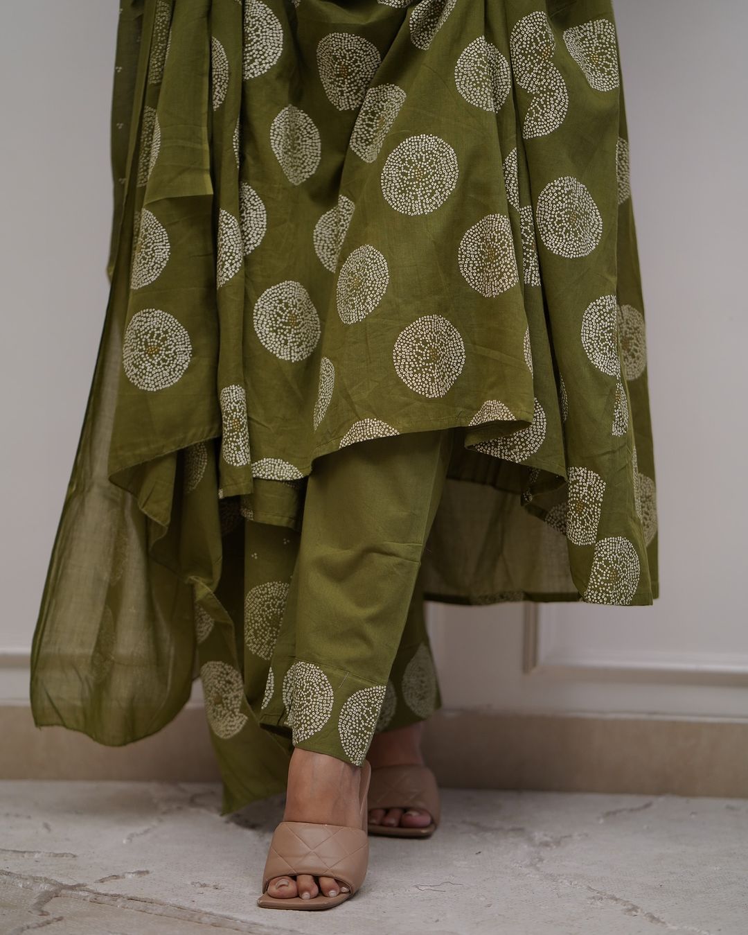 Women's Cotton Block Print With Embroidery Hand Work Flaired Straight Suit Embroidered Kurta, Trouser/Pant & Dupatta Set