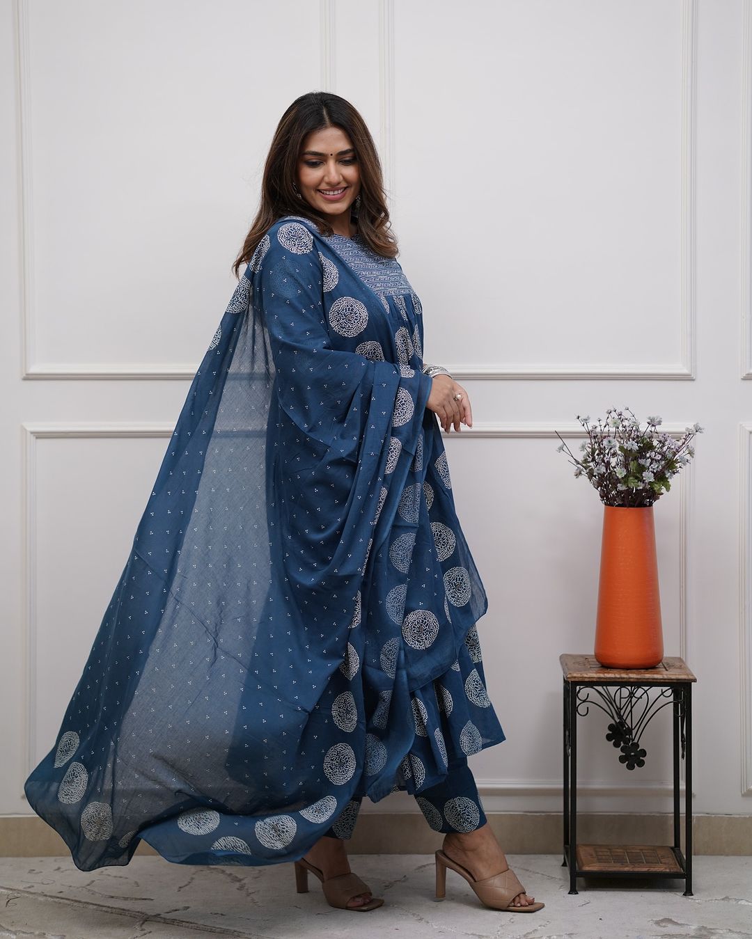 Cyan Blue Long Flared Bandhani Printed Kurta Pant & Dupatta Set