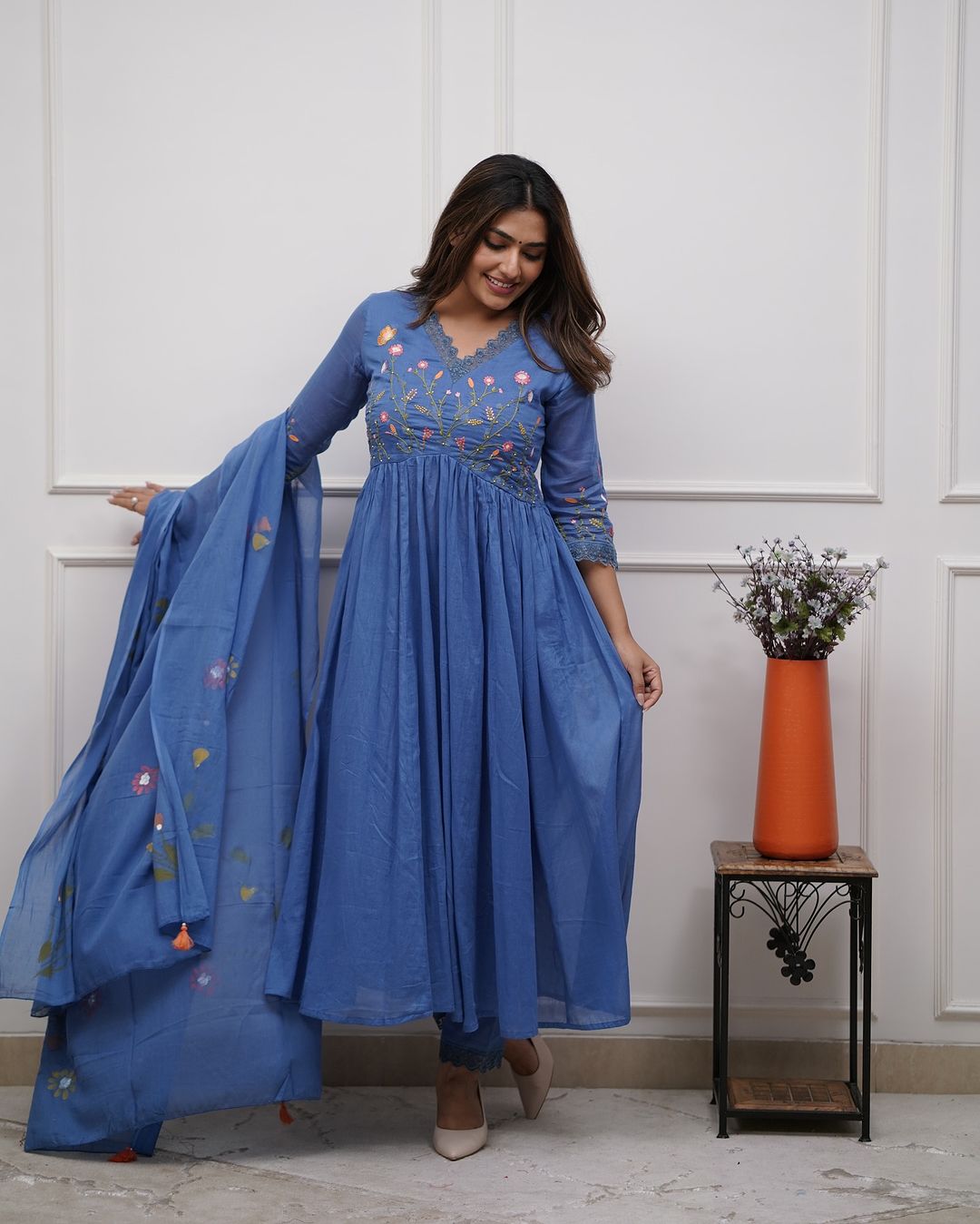 Blue Cotton Flared Women SuitBlue Cotton Flared Women Suit