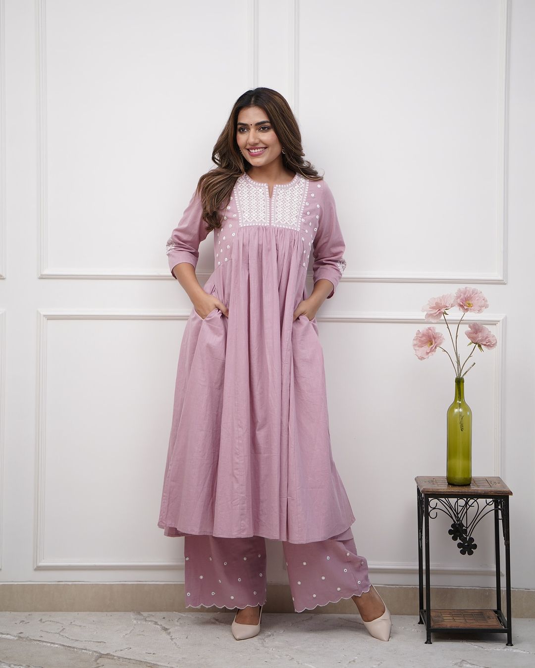 Elegant Dusted Pink flared Cotton Palazzo Set