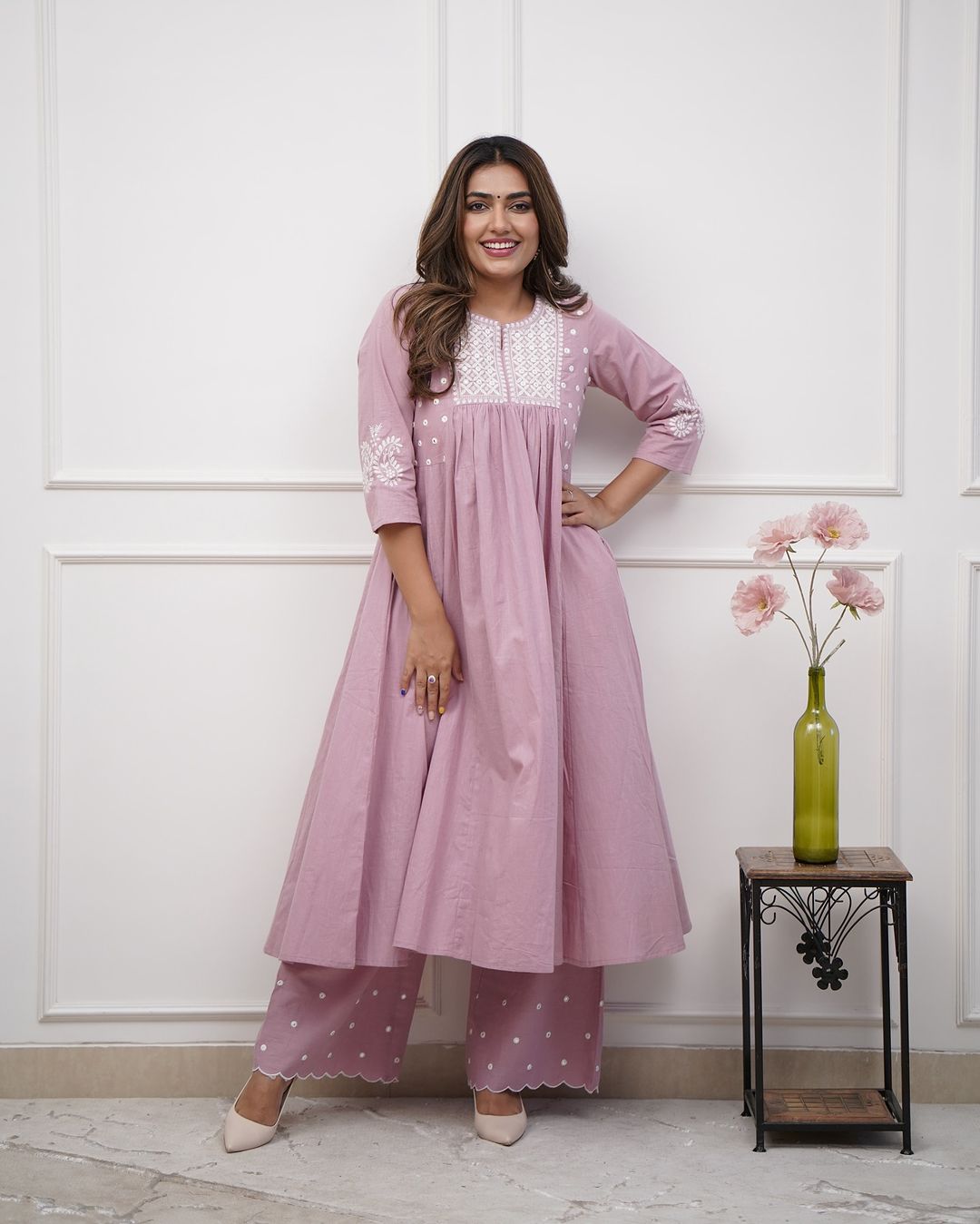 Elegant Dusted Pink flared Cotton Palazzo Set