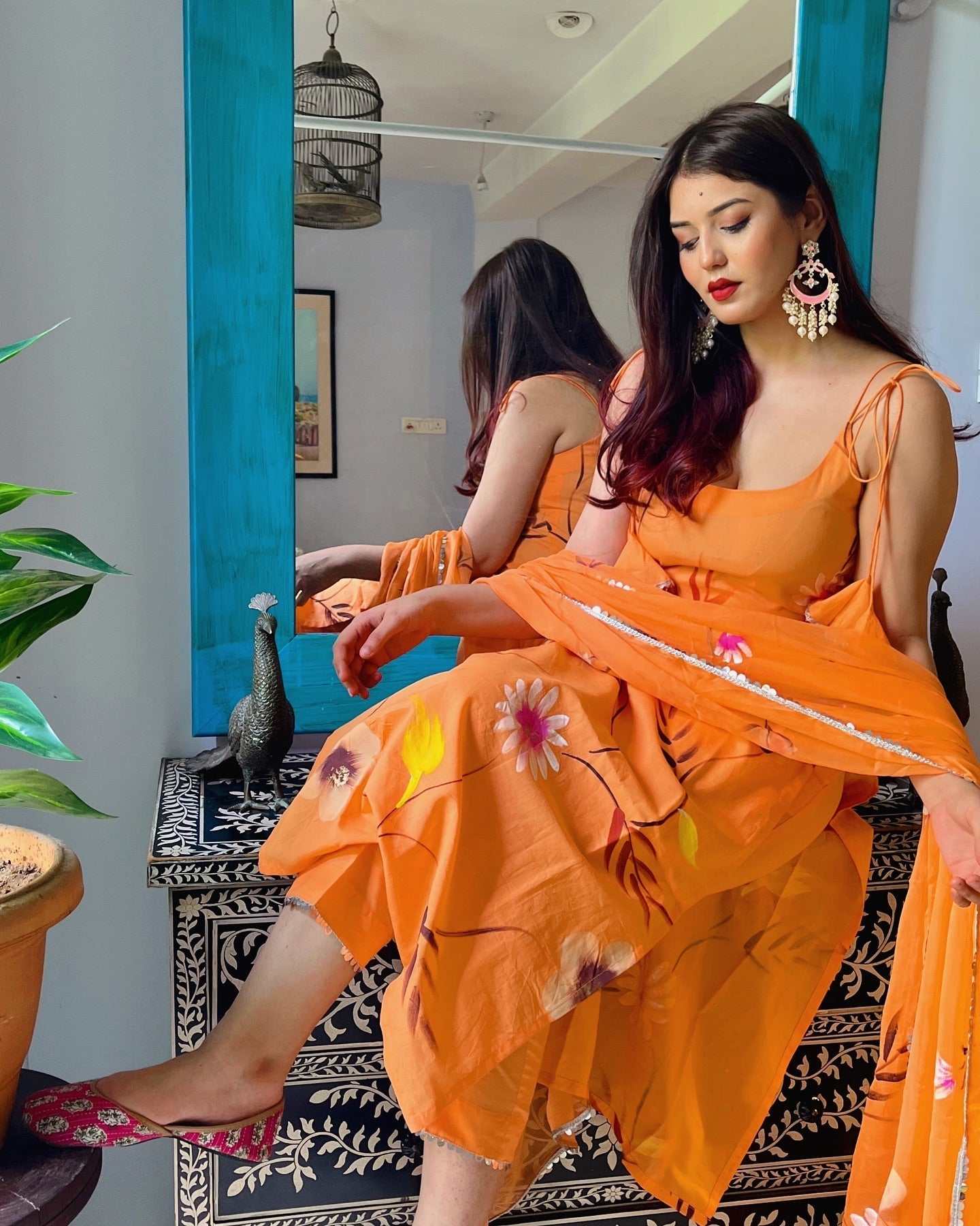 Orange Suit Set with Floral Handprinted Motifs