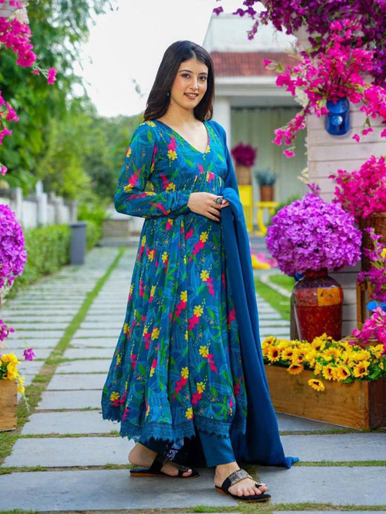 Floral Georgette Printed Anarkali Kurta Set with Trousers and Dupatta Blue