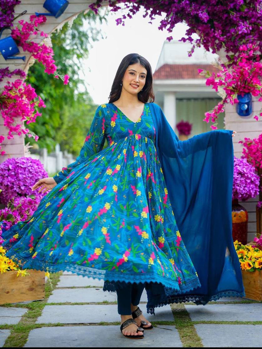 Floral Georgette Printed Anarkali Kurta Set with Trousers and Dupatta Blue