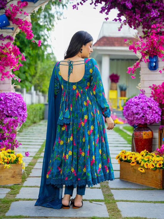 Floral Georgette Printed Anarkali Kurta Set with Trousers and Dupatta Blue