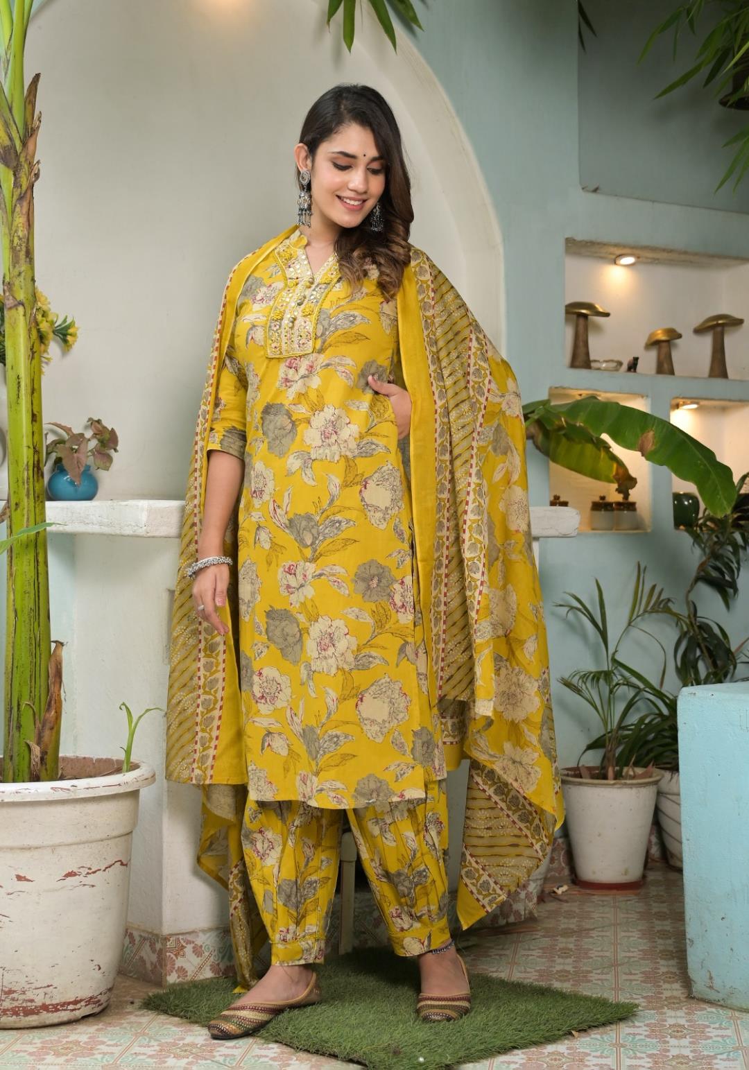 Women Yellow Floral Printed Mirror Embellished Straight Kurta Paired With Afghani Bottom And Printed Dupatta