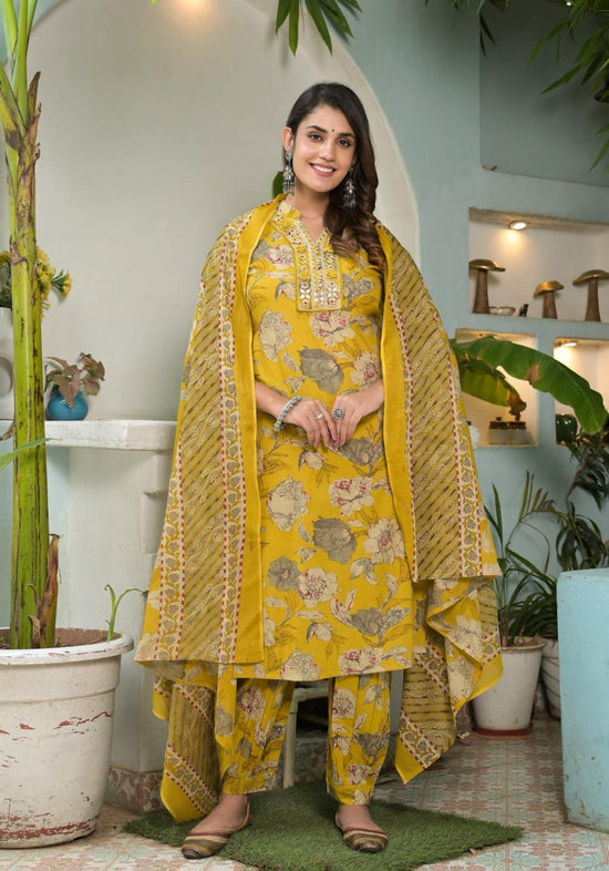 Women Yellow Floral Printed Mirror Embellished Straight Kurta Paired With Afghani Bottom And Printed Dupatta