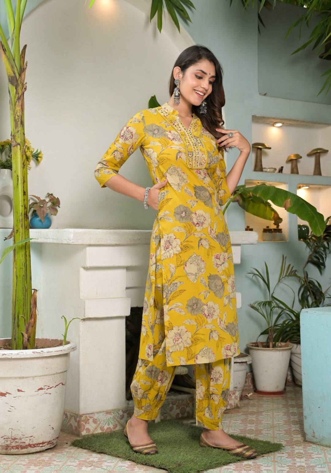 Women Yellow Floral Printed Mirror Embellished Straight Kurta Paired With Afghani Bottom And Printed Dupatta