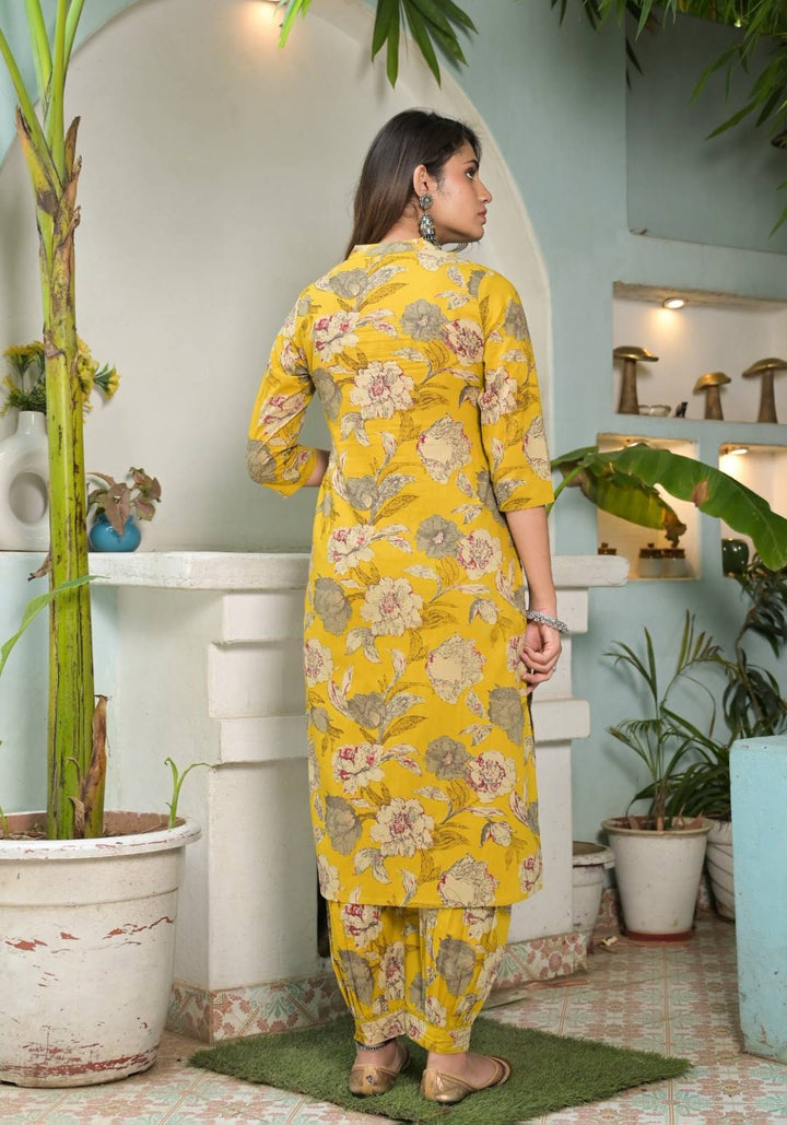 Women Yellow Floral Printed Mirror Embellished Straight Kurta Paired With Afghani Bottom And Printed Dupatta