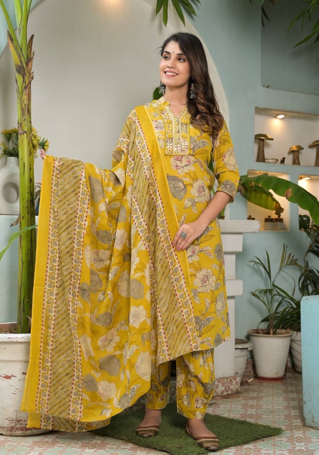 Women Yellow Floral Printed Mirror Embellished Straight Kurta Paired With Afghani Bottom And Printed Dupatta