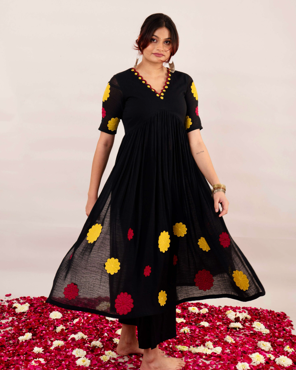 Midnight Black Kurta With Embroidered Floral Patchwork