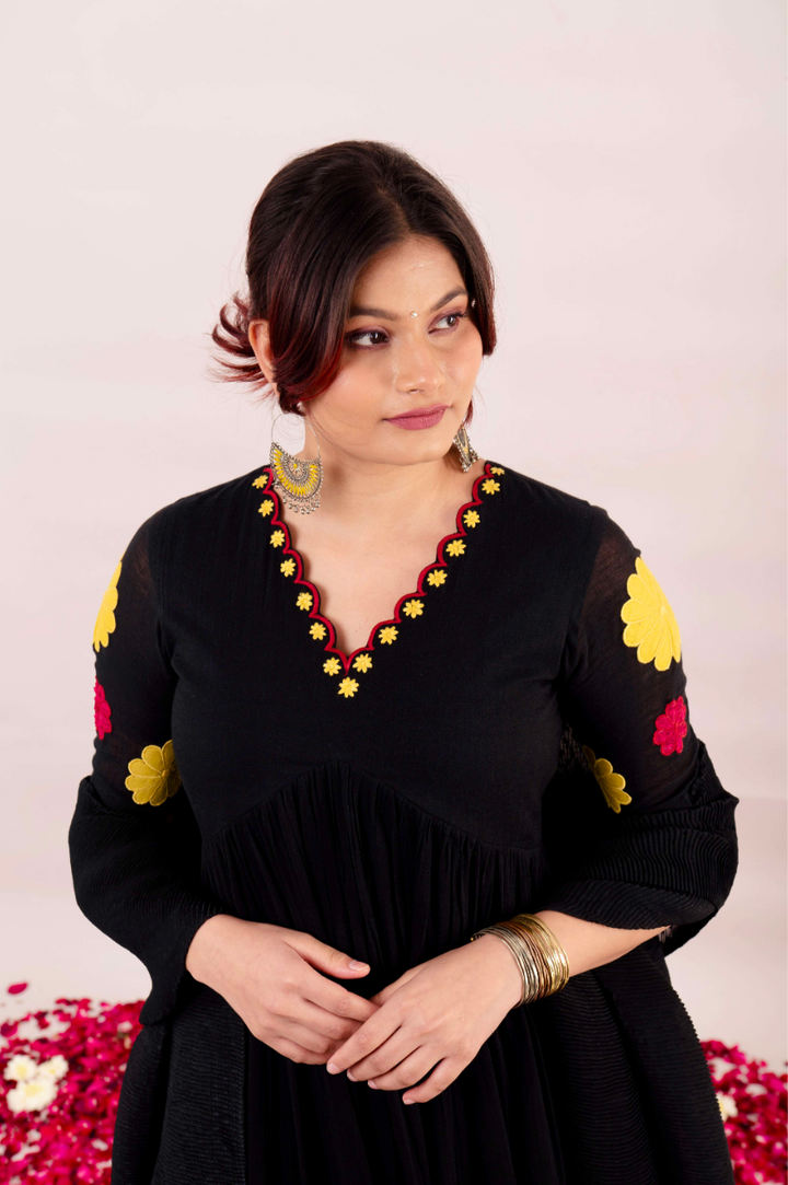 Midnight Black Kurta With Embroidered Floral Patchwork