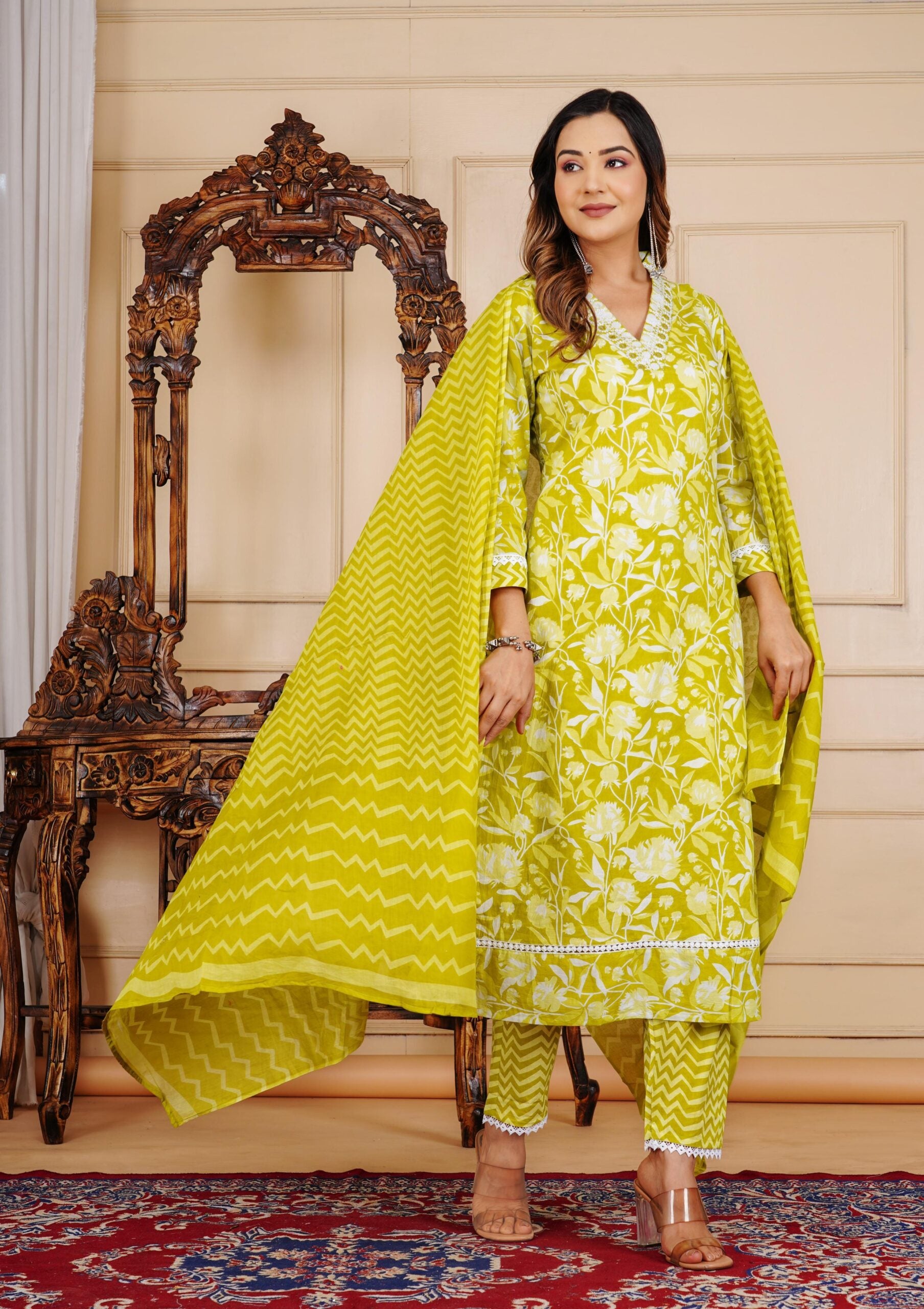 Floral Print 3/4 Sleeve Yellow Color Pure Cotton Kurti