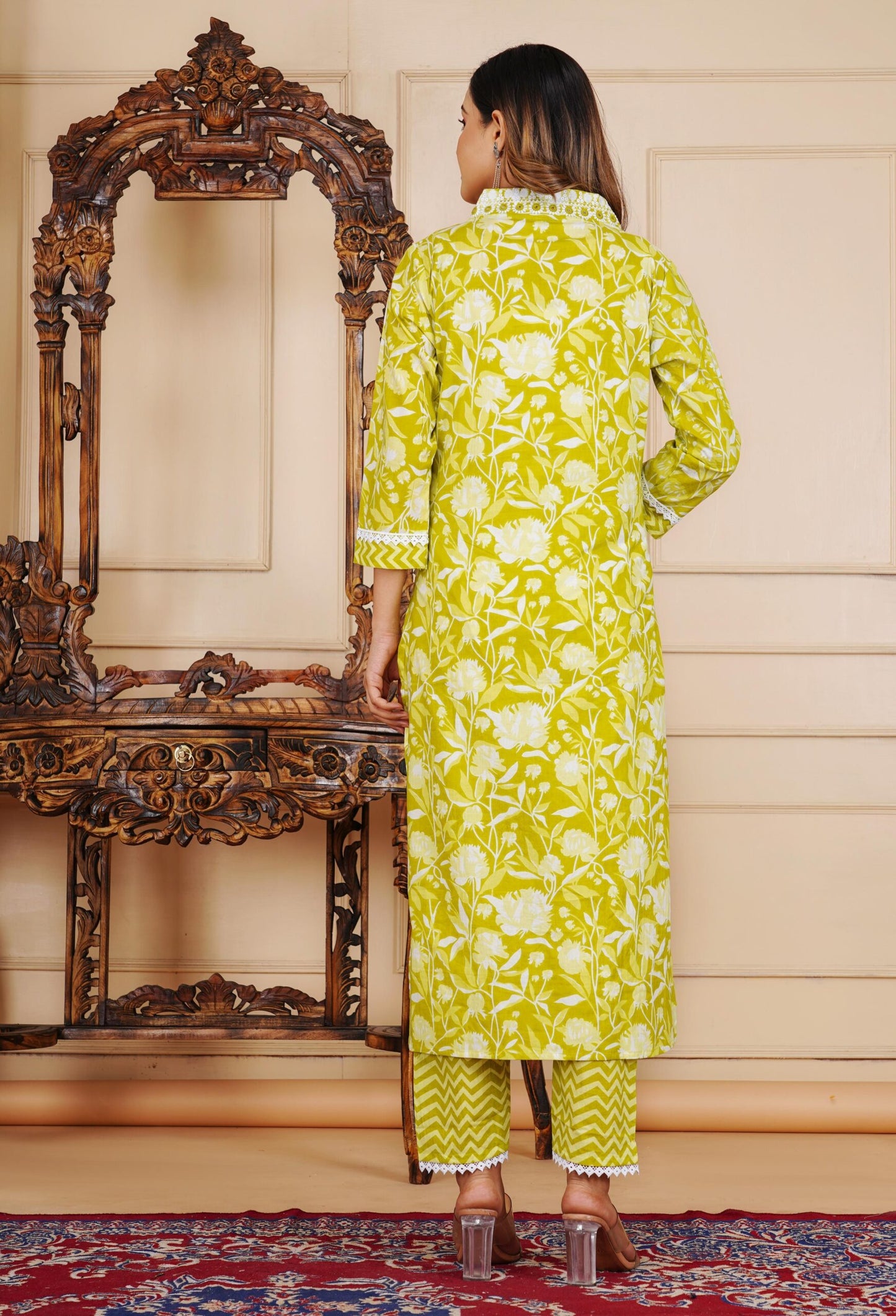 Floral Print 3/4 Sleeve Yellow Color Pure Cotton Kurti