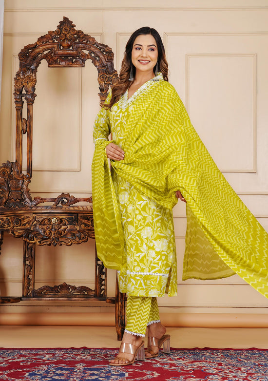 Floral Print 3/4 Sleeve Yellow Color Pure Cotton Kurti