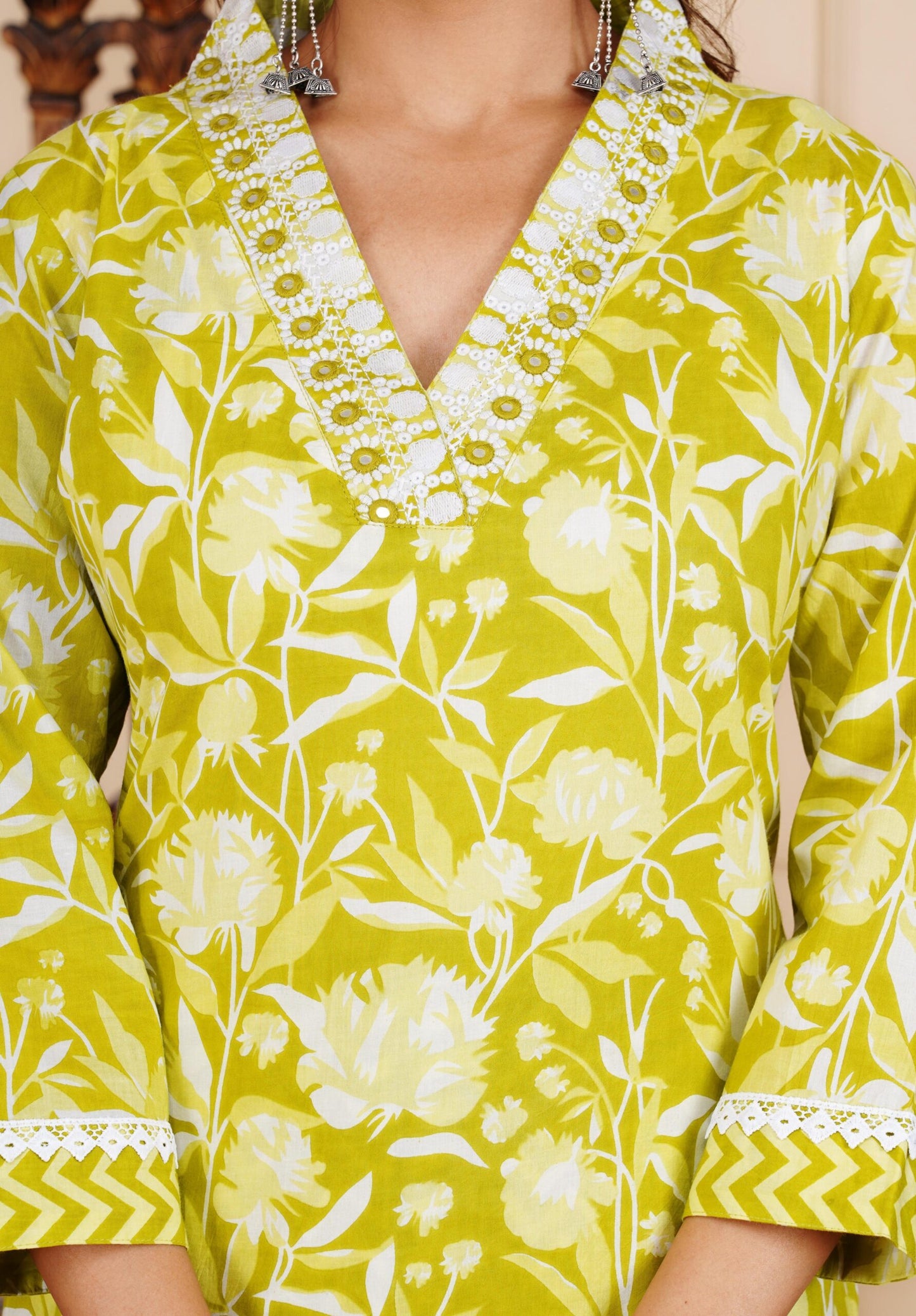 Floral Print 3/4 Sleeve Yellow Color Pure Cotton Kurti