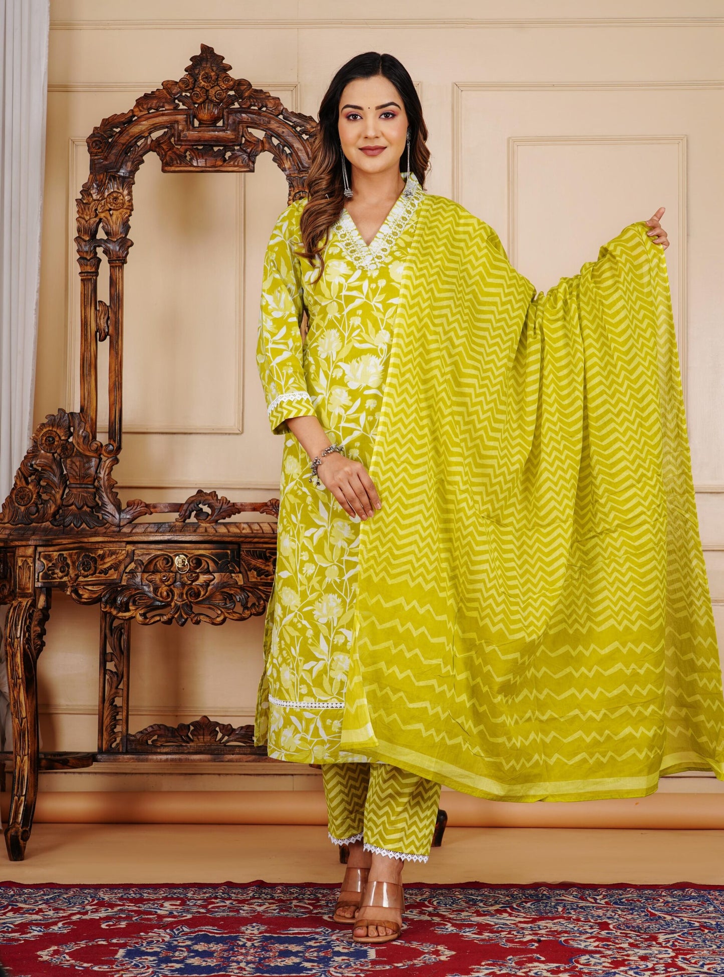 Floral Print 3/4 Sleeve Yellow Color Pure Cotton Kurti