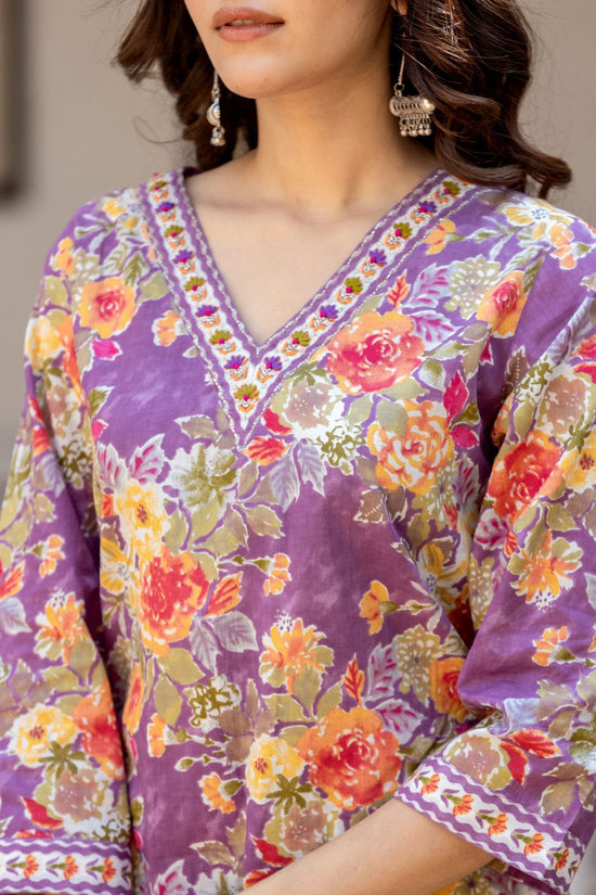 Floral Print 3/4 Sleeve Purple Color Pure Cotton Kurti