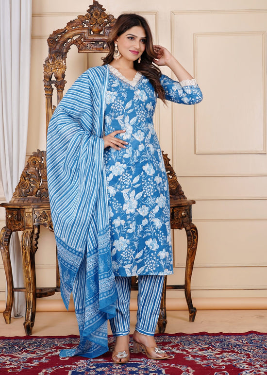 Floral Print 3/4 Sleeve Blue Color Pure Cotton Kurti (KurtiSet)